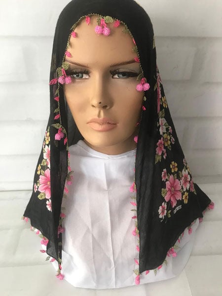 İğne Oyalı Sarma Boncuklu Siyah Tülbent