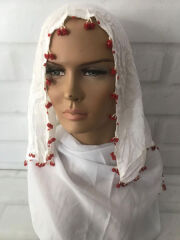 El Yapımı Boncuk Oyalı Beyaz Tülbent