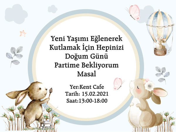 Tavşan Doğum Günü Davetiye 6 Adet